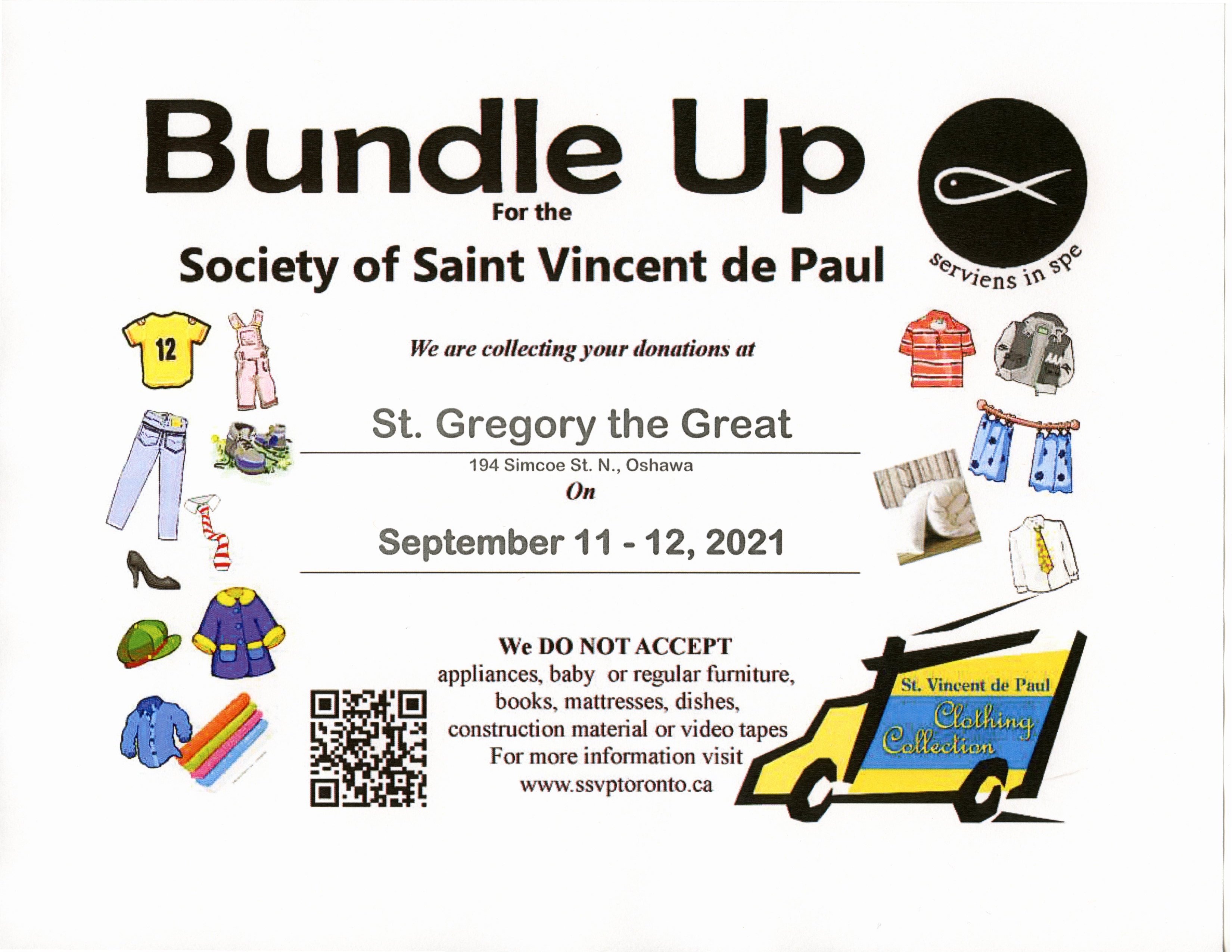 Poster Identifying items suitable for donation to St. Vincent de Paul, clothing